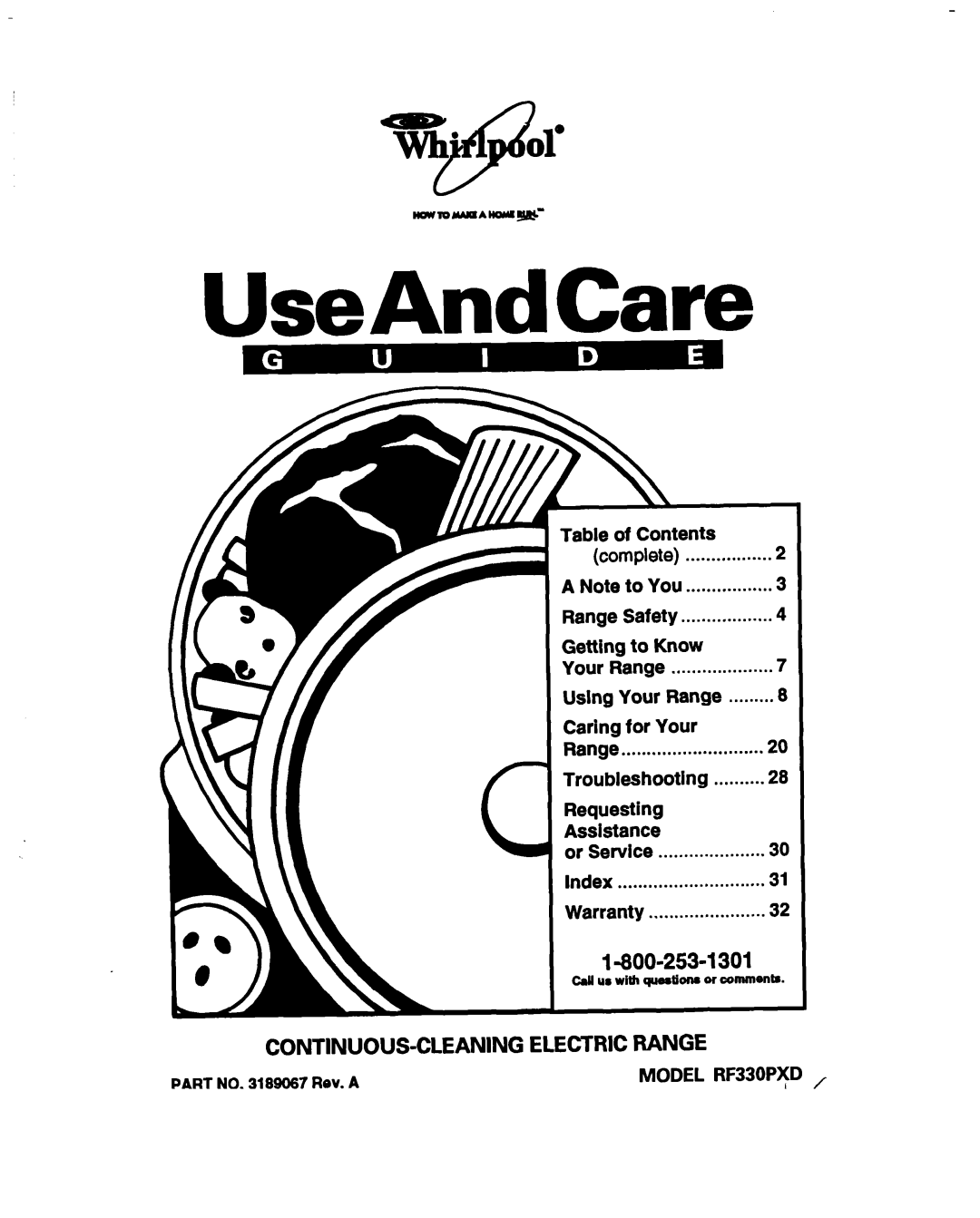 Whirlpool RF330PXD warranty Table of Contents complete, Part no Rev. a 