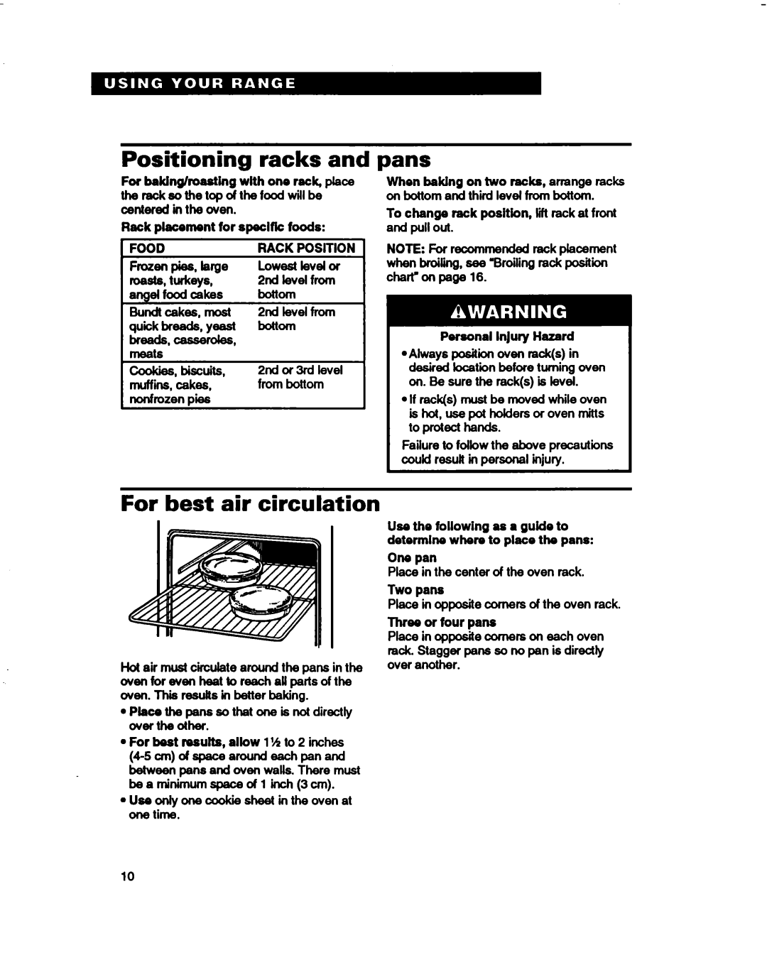 Whirlpool RF330PXD warranty Positioning racks, Pans, For best air circulation, Food 