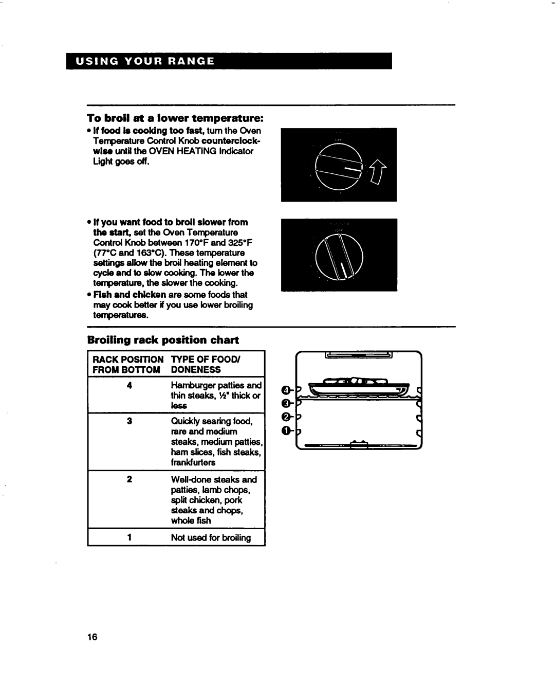 Whirlpool RF330PXD warranty To broil at a lower temperature, Broiling rack position chart, Rack POSITiON Type of Food 