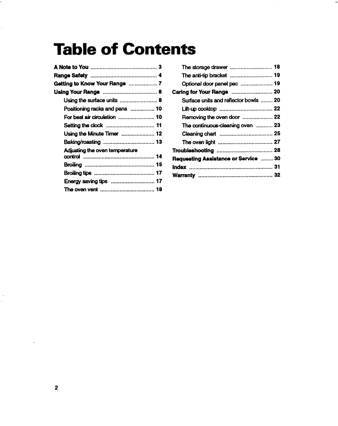 Whirlpool RF330PXD warranty Table of Contents 