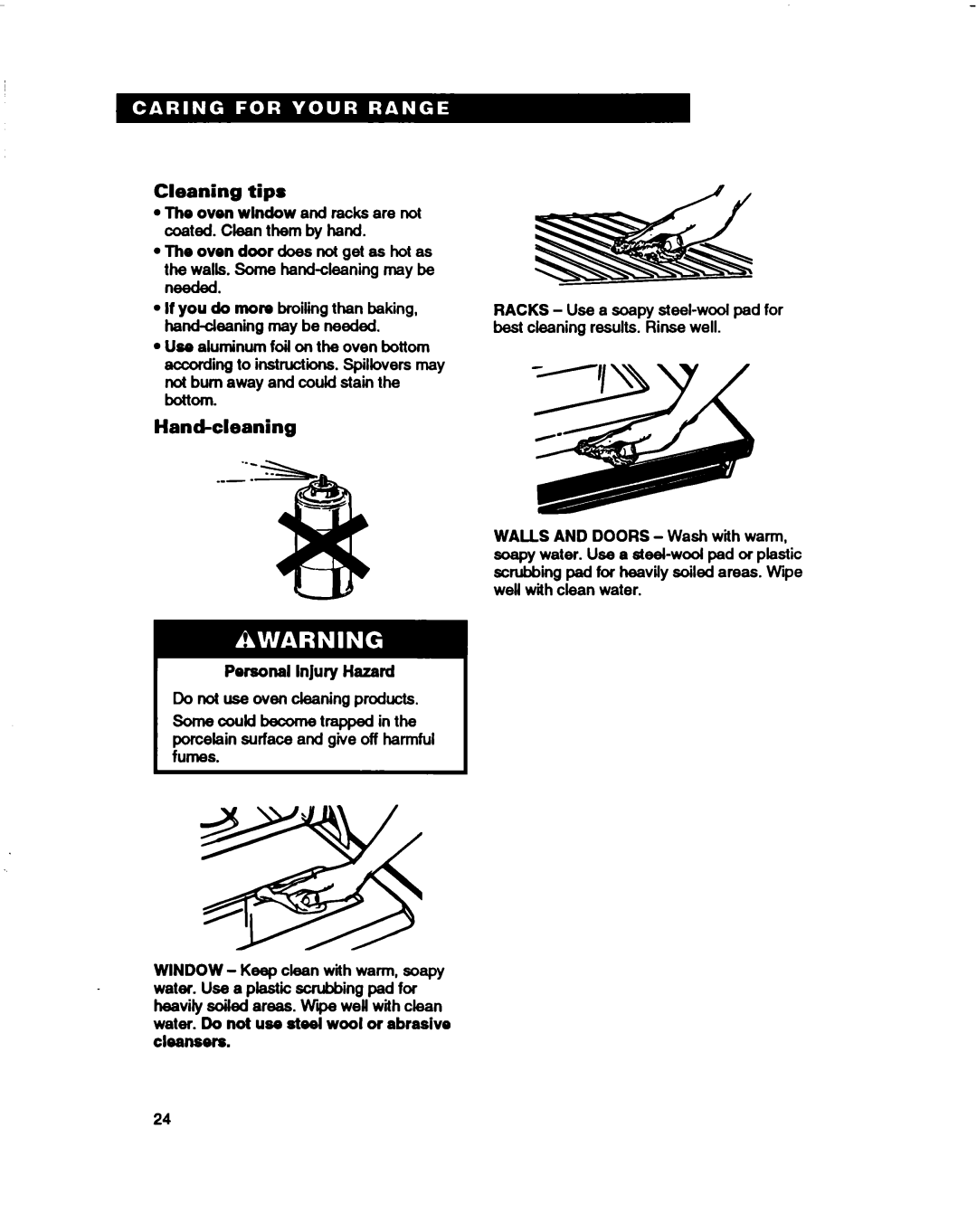 Whirlpool RF330PXD warranty Cleaning tips, Hand-cleaning, Personal Injury Hazard 