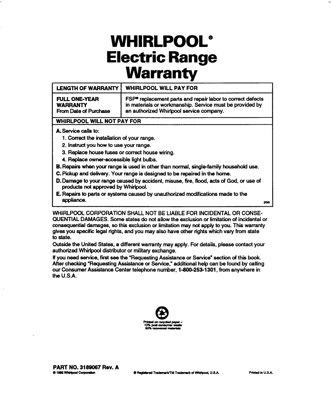 Whirlpool RF330PXD warranty WHIRLPOOL” Electric Range Warranty 