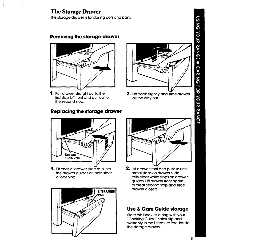 Whirlpool RF3300XP manual Storage Drawer, Removing the stomge drawer, Replacing the storage dmwer, Use & Care Guide stomge 