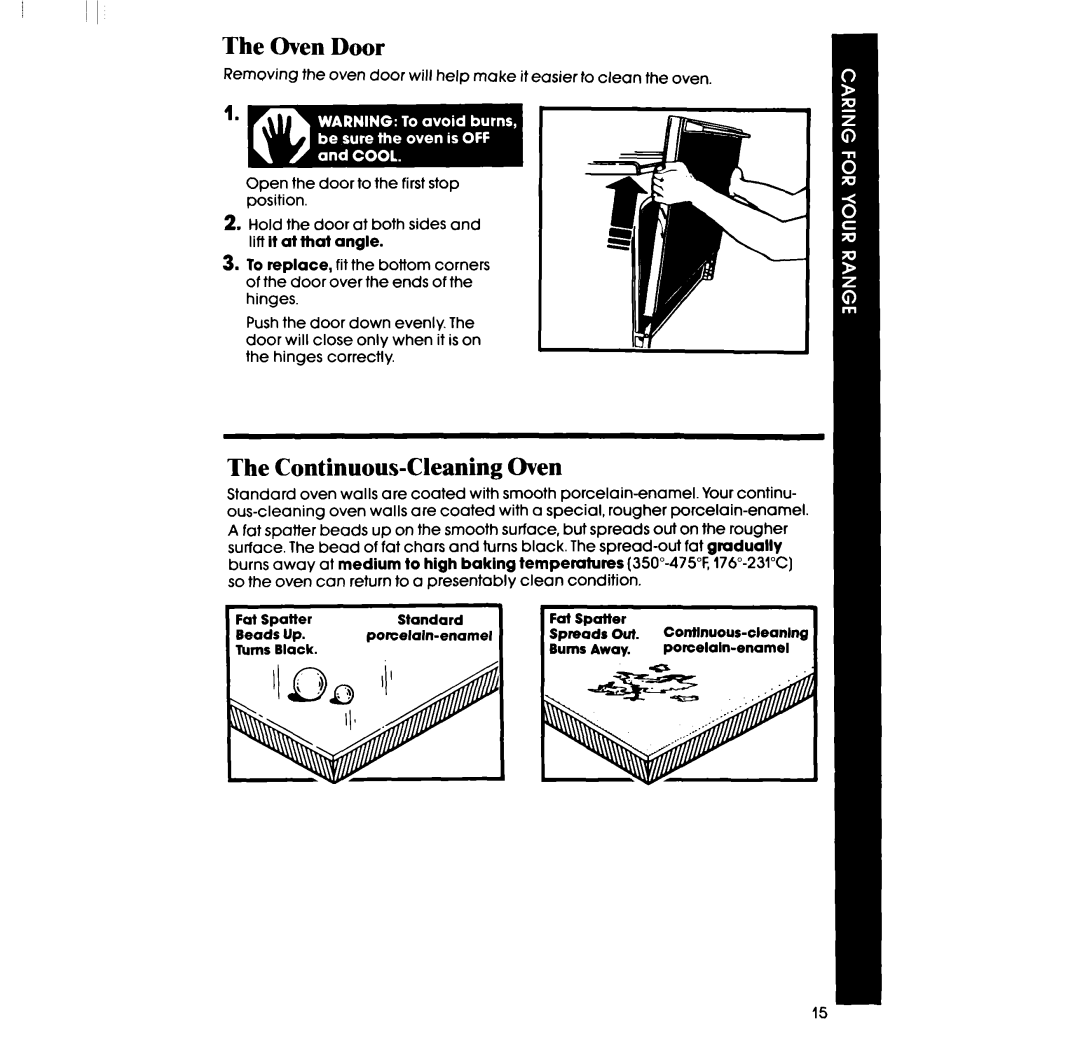 Whirlpool RF330PXP manual Oven Door, Continuous-Cleaning Oven, Poreelaln-enamelContlnuous-oleanlng pofcelaln-enamel Iv--7 
