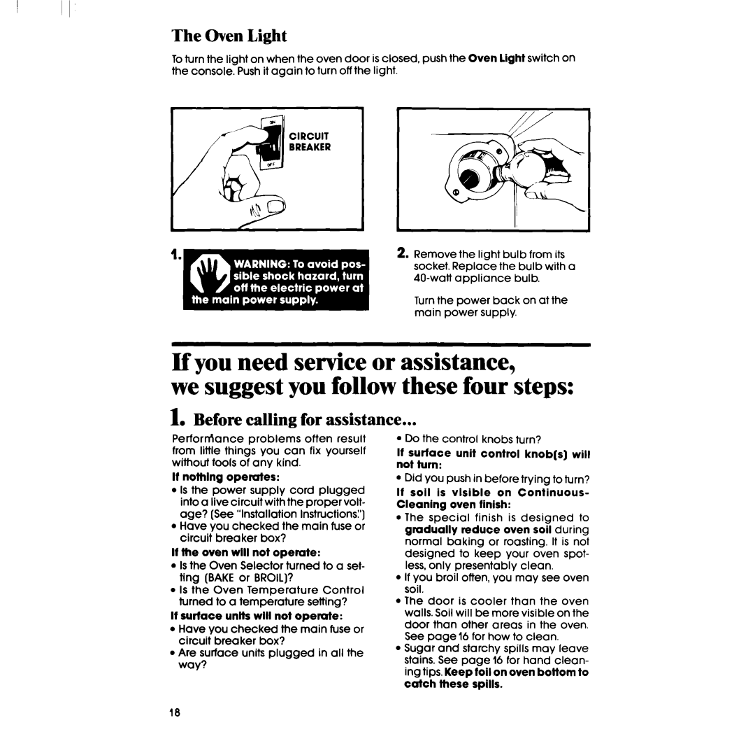 Whirlpool RF330PXP, RF333PXPT, RF3300XP manual Oven Light, Before calling for assistance 