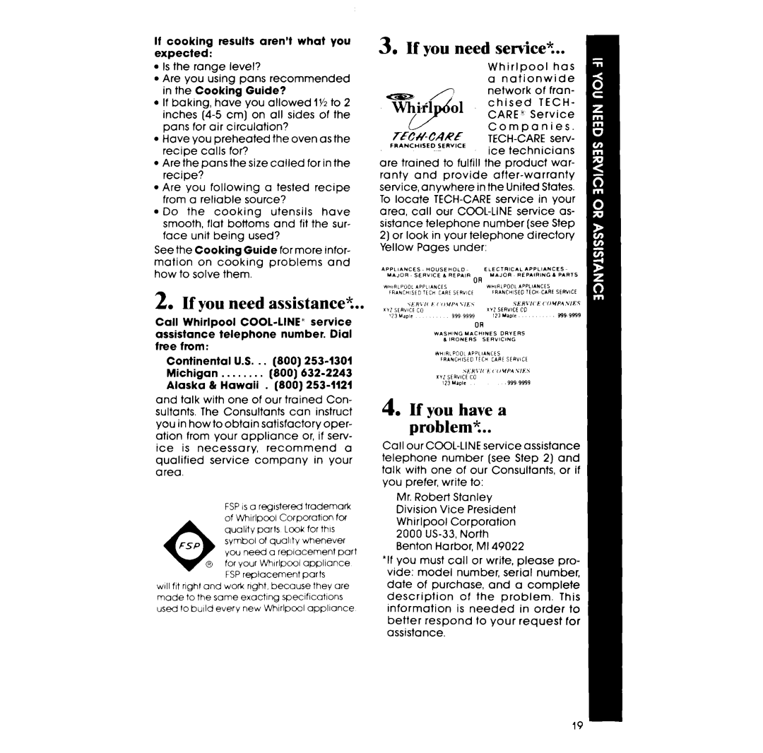 Whirlpool RF333PXPT, RF330PXP, RF3300XP manual If you need semiceJr, Fsp 