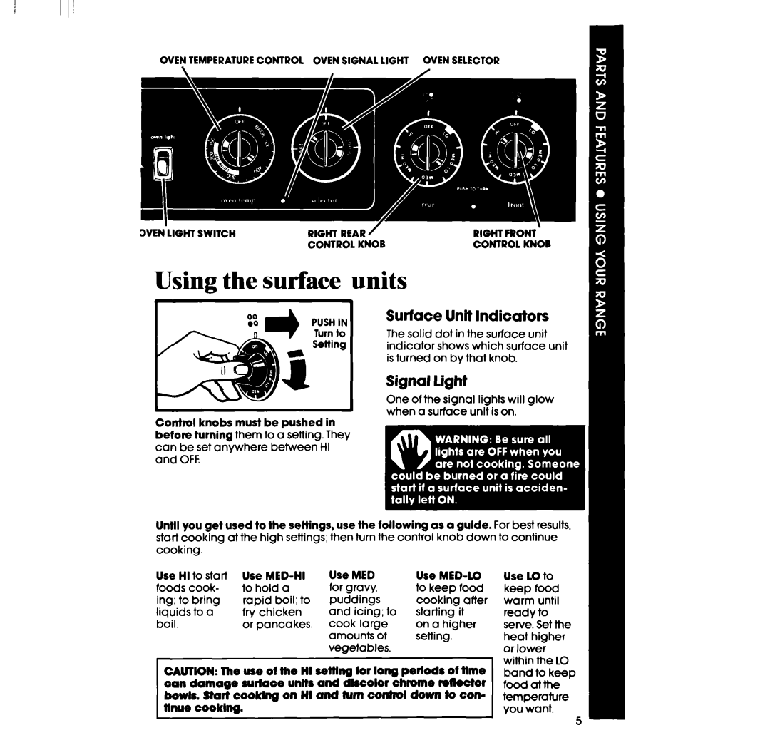 Whirlpool RF3300XP, RF330PXP, RF333PXPT manual Surface Unit Indicators, Signal light’, Use MED-HI, Use Lo to 