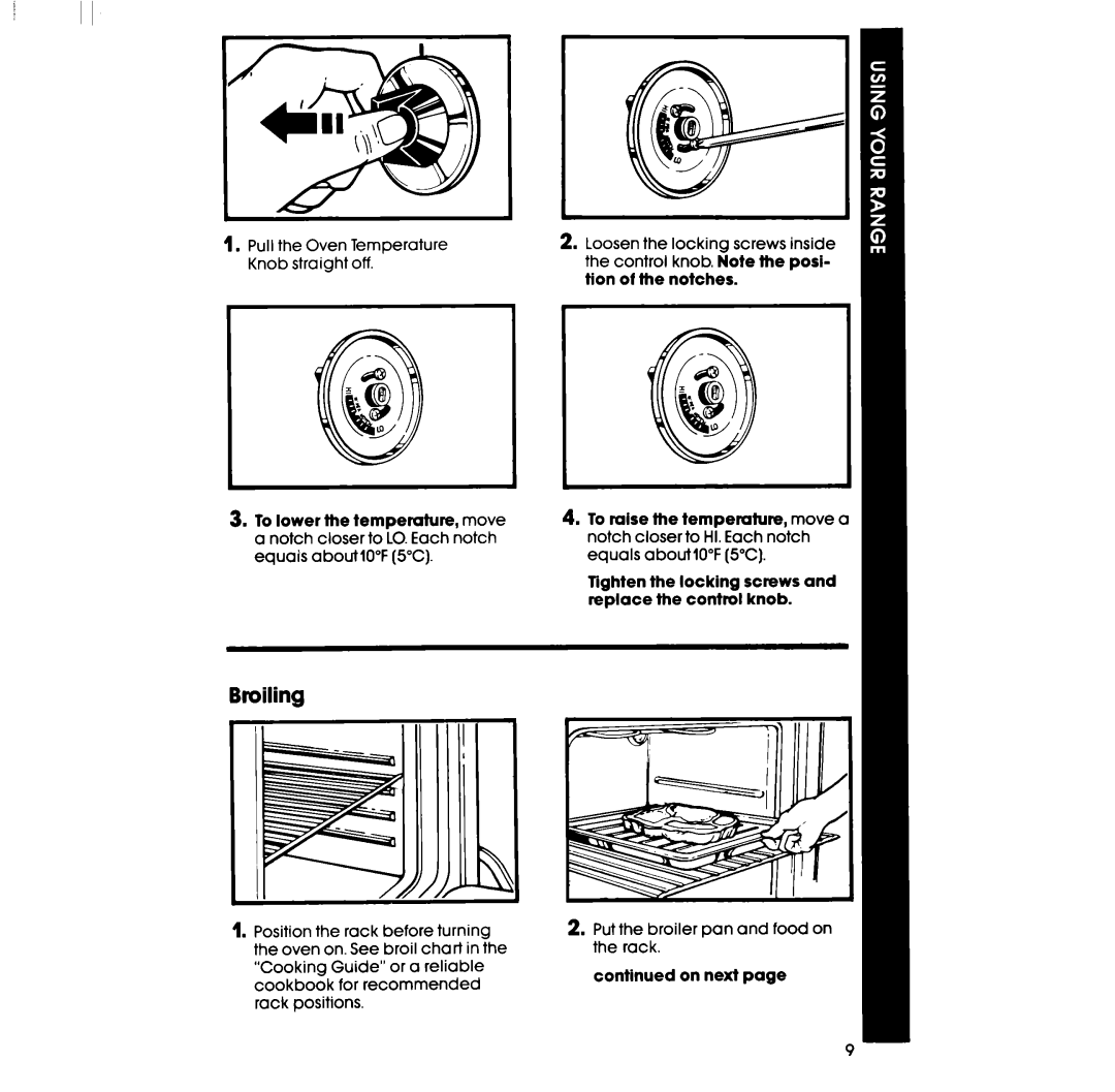 Whirlpool RF330PXP, RF333PXPT, RF3300XP manual Broiling, Tighten the locking screws and replace the control knob 