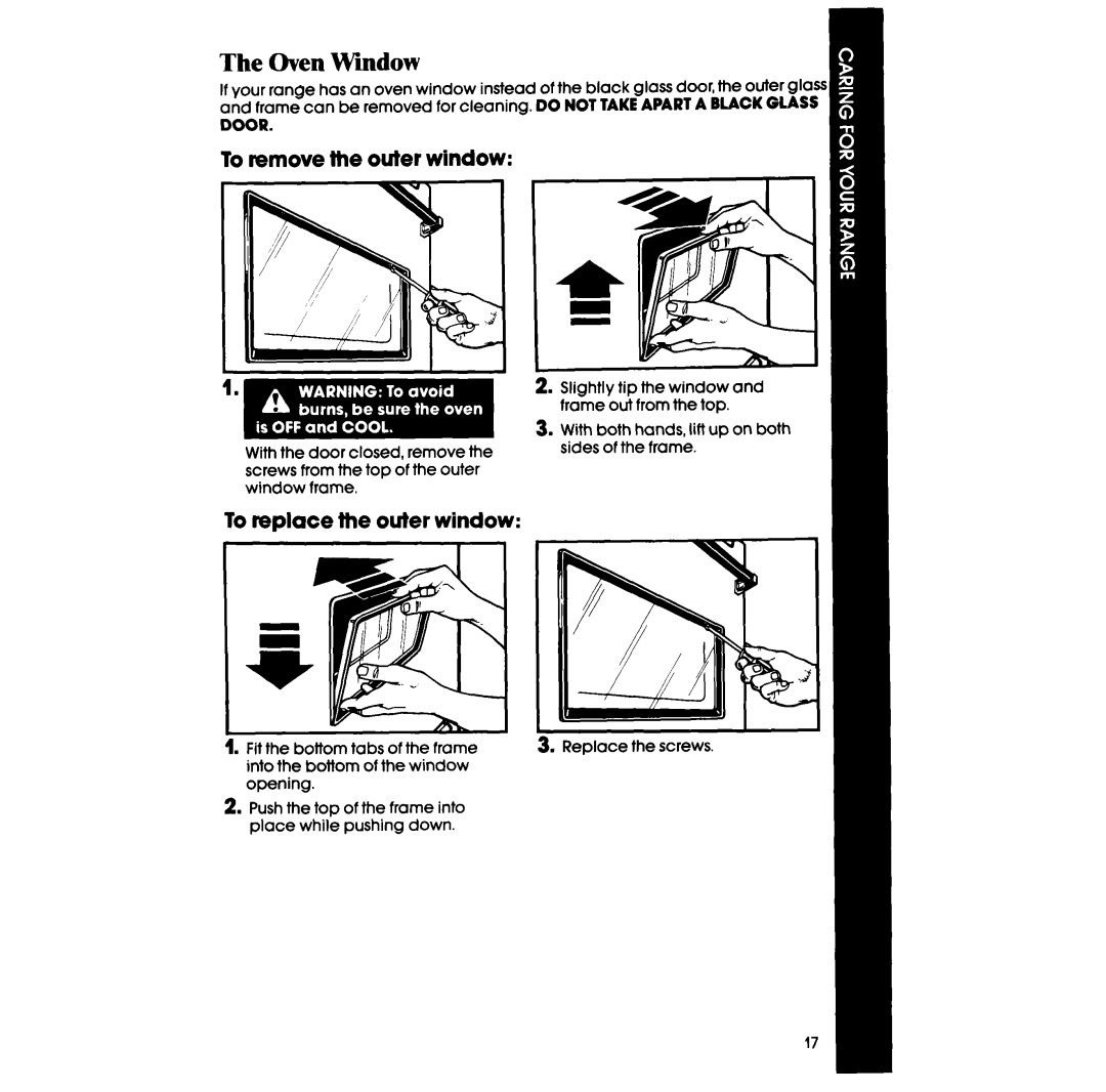 Whirlpool RF3300XV, RF330PXV, RF333PXVT manual Oven Window, To remove the outer window, To replace the outer window 