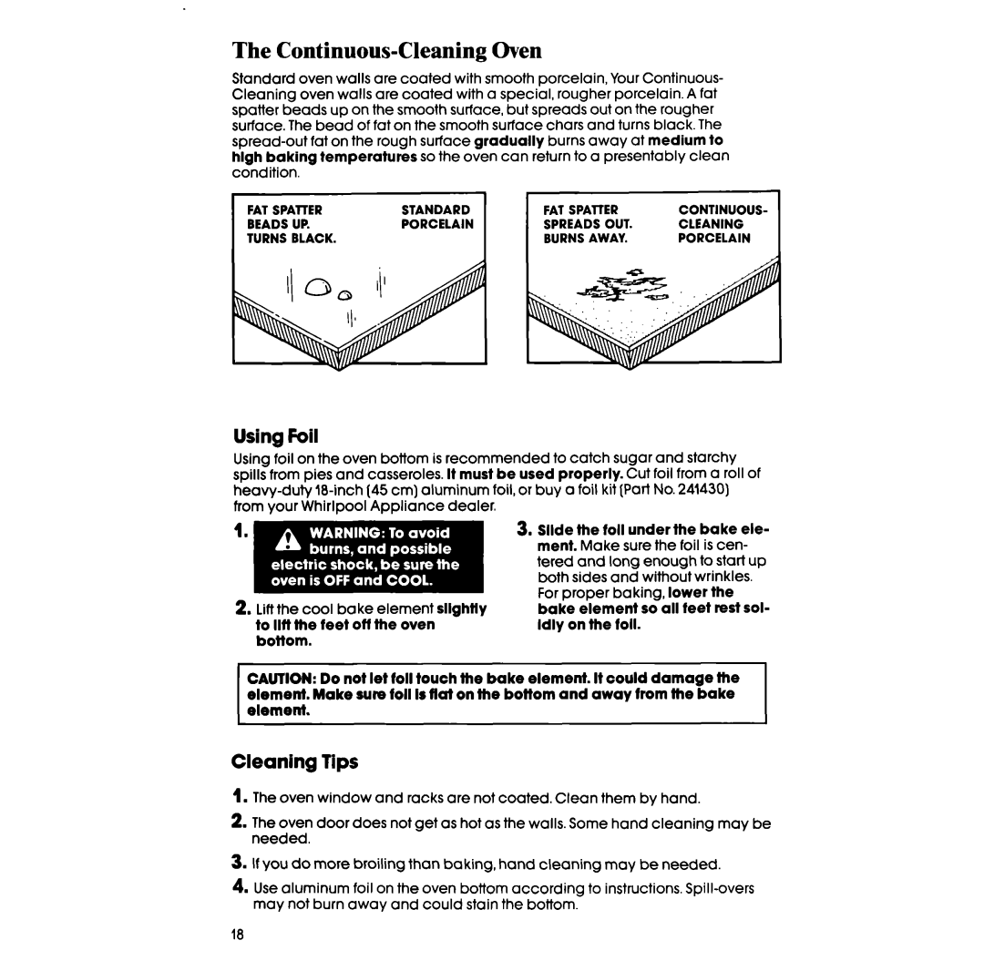 Whirlpool RF330PXV, RF333PXVT, RF3300XV manual Continuous-Cleaning Oven, Using Foil, Cleanlng Tips 