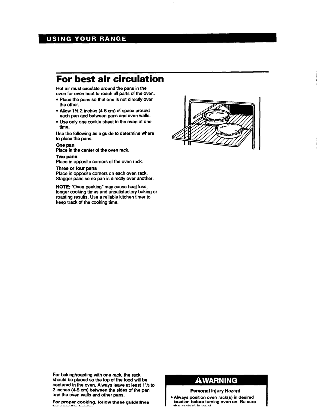 Whirlpool RF330PXY manual For best air circulation, Place the pans so that one is not directly over the other 