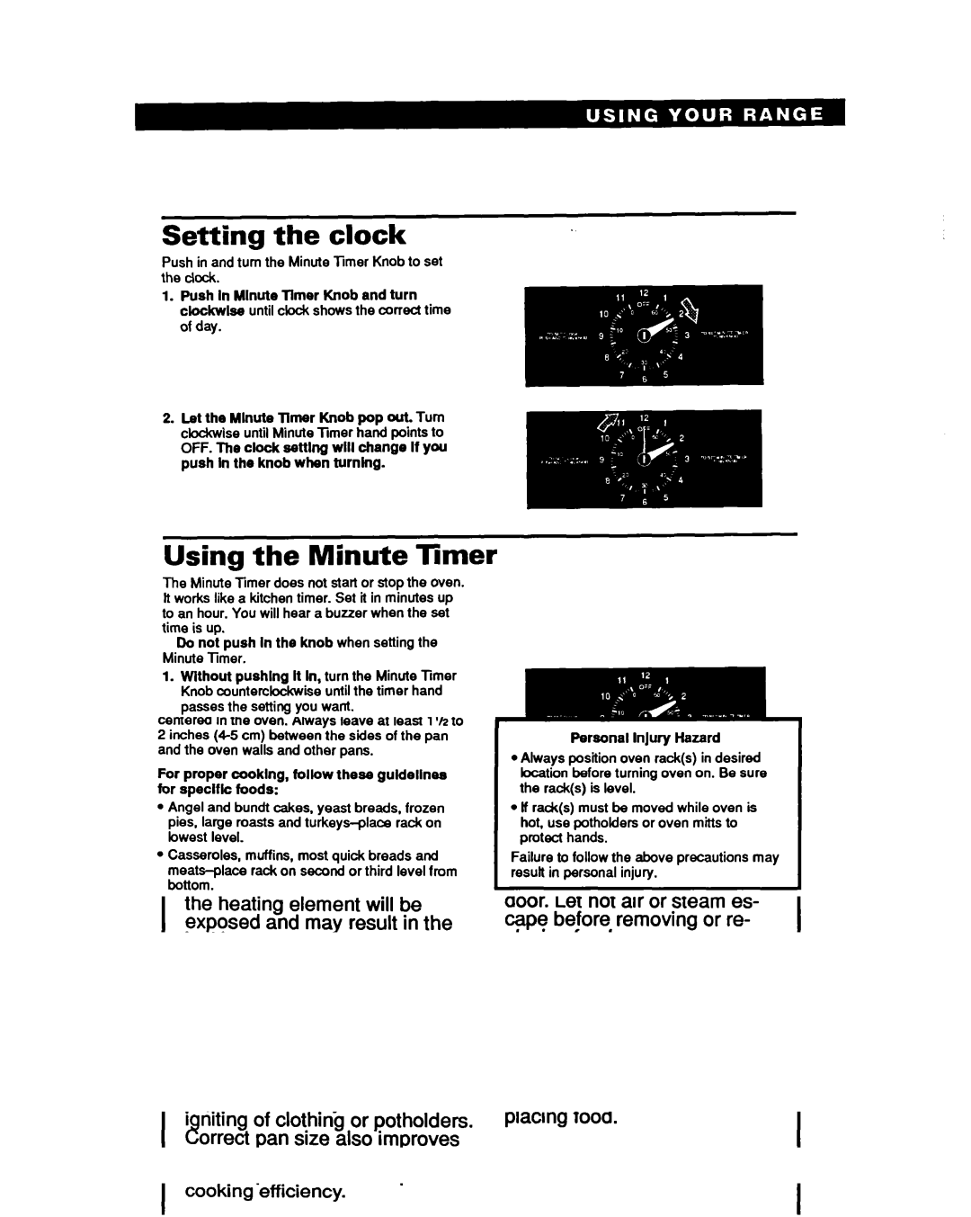 Whirlpool RF330PXY manual Setting the clock, Using the Minute Timer 