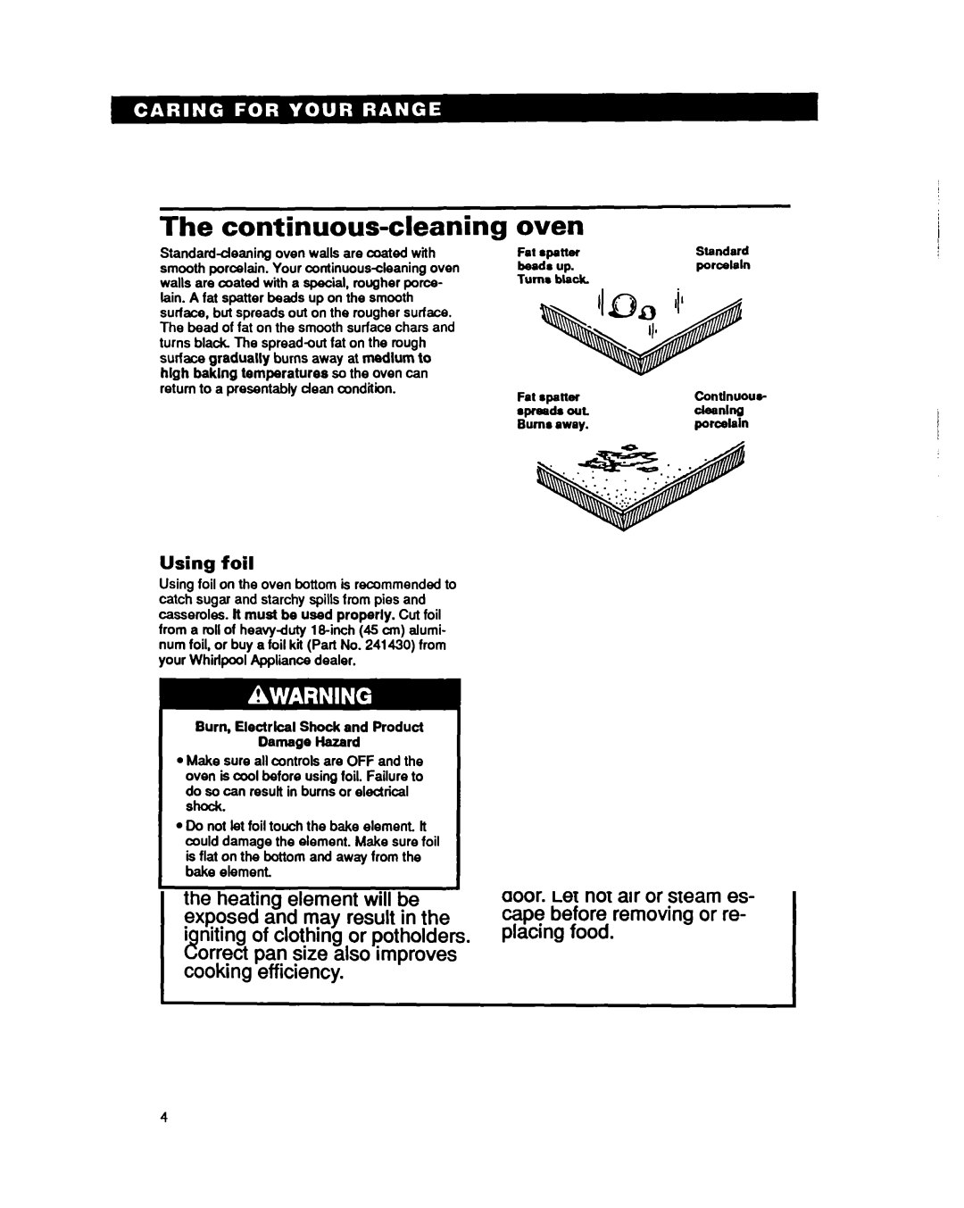 Whirlpool RF330PXY manual Continuous-cleaning, Oven, Using foil, Burn, Electrkal Shock and Product Damage Hazard 