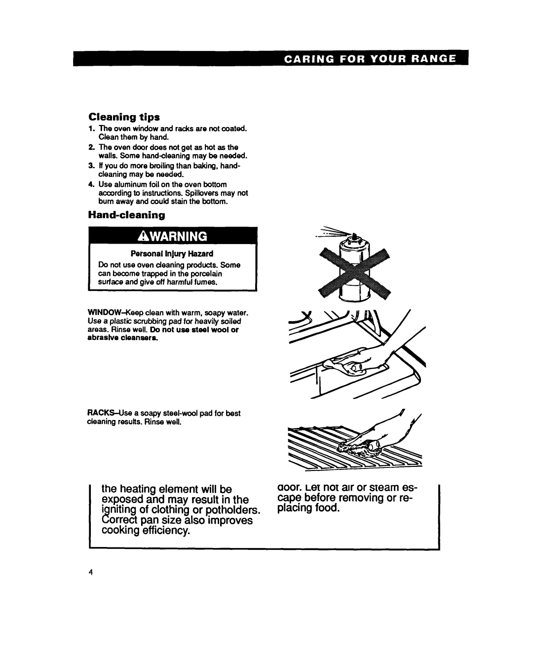 Whirlpool RF330PXY manual Cleaning tips, Hand-cleaning, Oven window and racks are not coated. Clean them by hand 