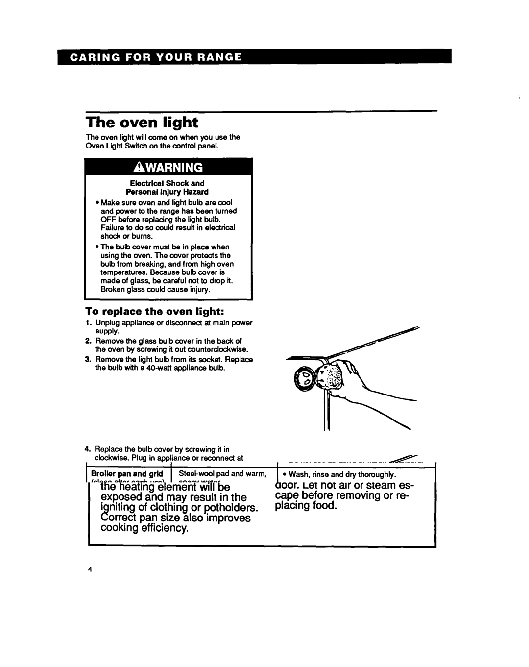 Whirlpool RF330PXY manual Oven light, To replace the oven light, Unplug appliance or disconnect at main power supply 