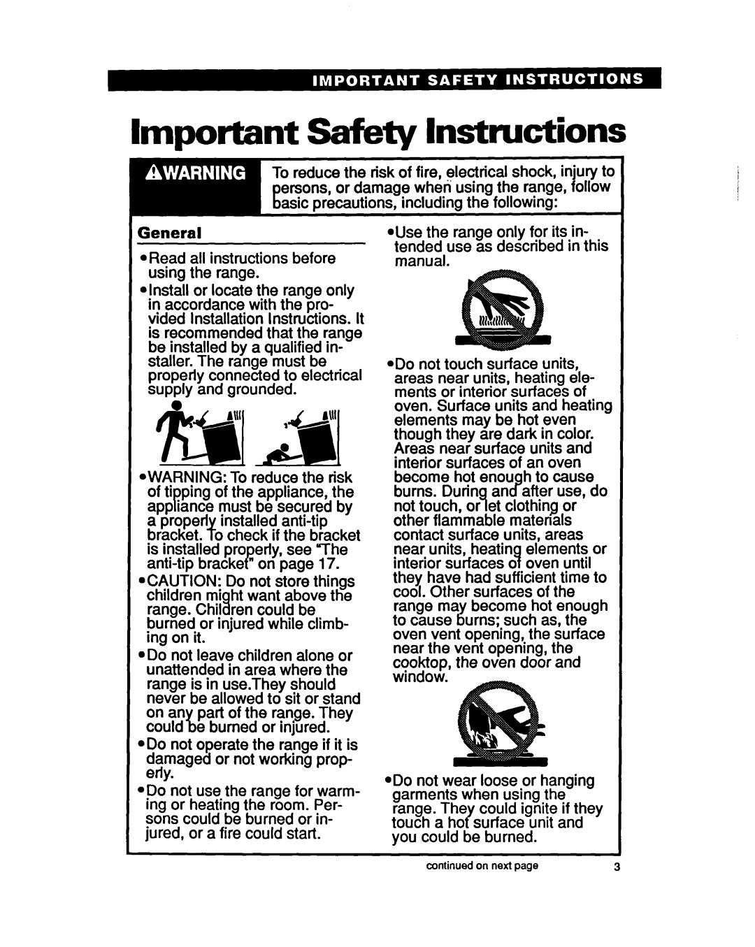 Whirlpool RF330PXY manual Important Safety Instructions, On next 