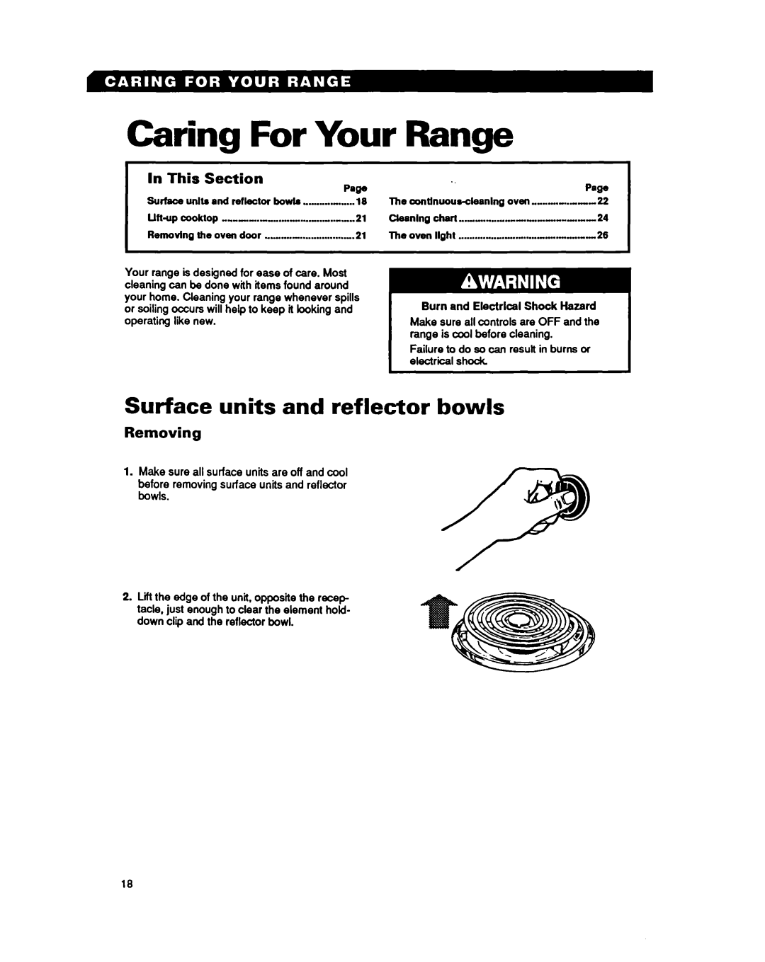 Whirlpool RF330PXY manual Caring For Your Range, Surface units and reflector bowls, In This, Section, Removing 