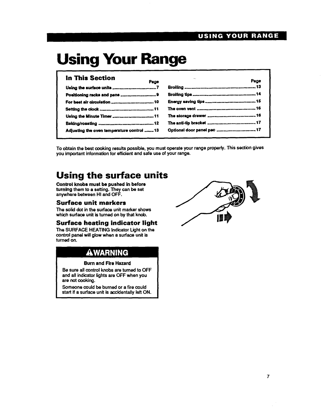 Whirlpool RF330PXY manual Using Your Range, Using the surface units, In This, Surface unit markers, Section 