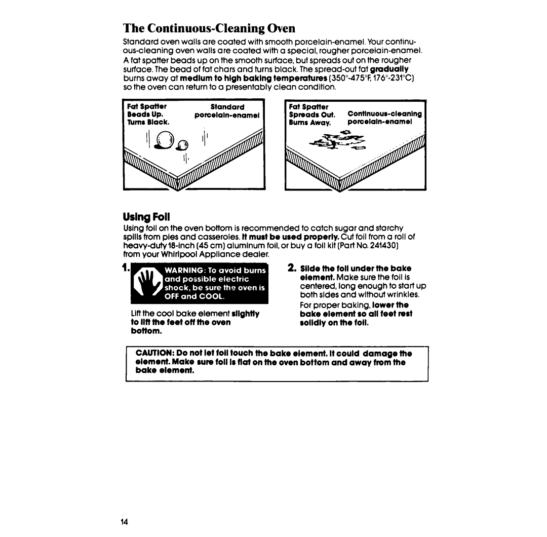 Whirlpool RF332BXP manual Continuous-Cleaning Oven, Lter Standard, Using Foil 