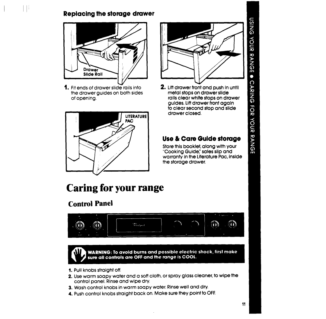 Whirlpool RF335EXP manual Caring for your range, Control Panel, Replaclng the storage drawer, Use & Care Gulde storage 