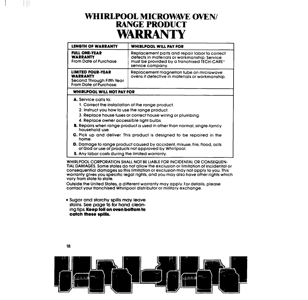 Whirlpool RF335EXP Length of Warranty Whirlpool will PAY for Full ONE-YEAR, Limited FOUR-YEAR, Whirlpool will not PAY for 