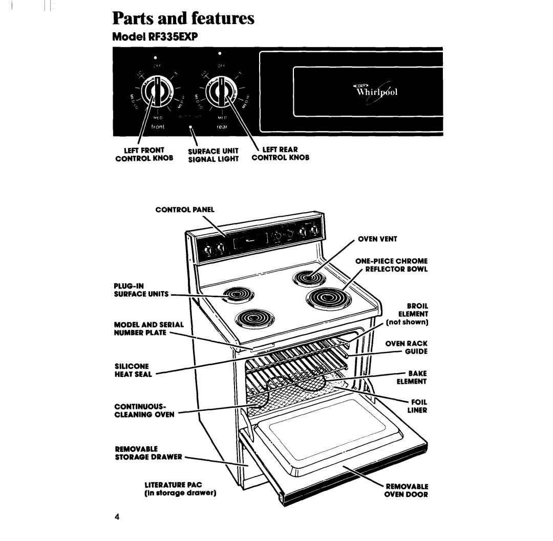 Whirlpool manual Parts and features, Model RF335EXP, Oven Vent, Oven Door 