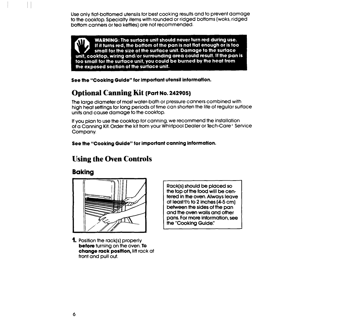 Whirlpool RF335EXP manual Optional Canning Kit Part, Using the Oven Controls, Baking 