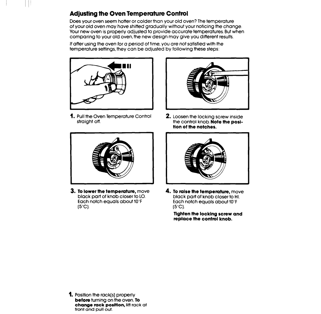 Whirlpool RF335EXP manual Adjusting the Oven Temperature Control, Tion Notches 