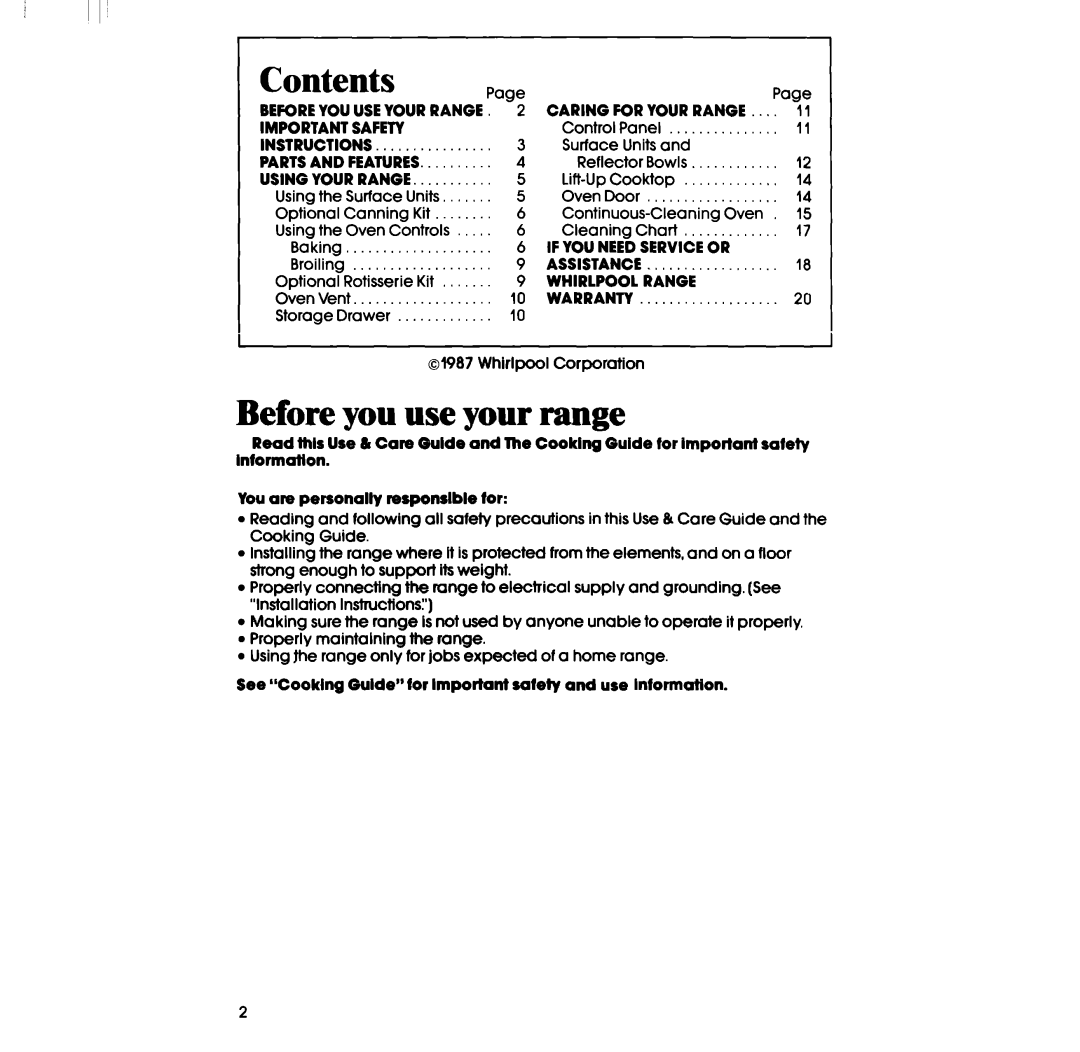 Whirlpool RF335EXP manual Contents, Before you use your range 