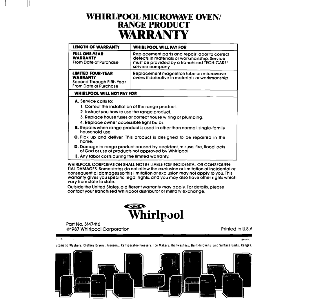 Whirlpool RF335EXP manual Whirlpool Microwaw Oven Range Product, W-Ty 