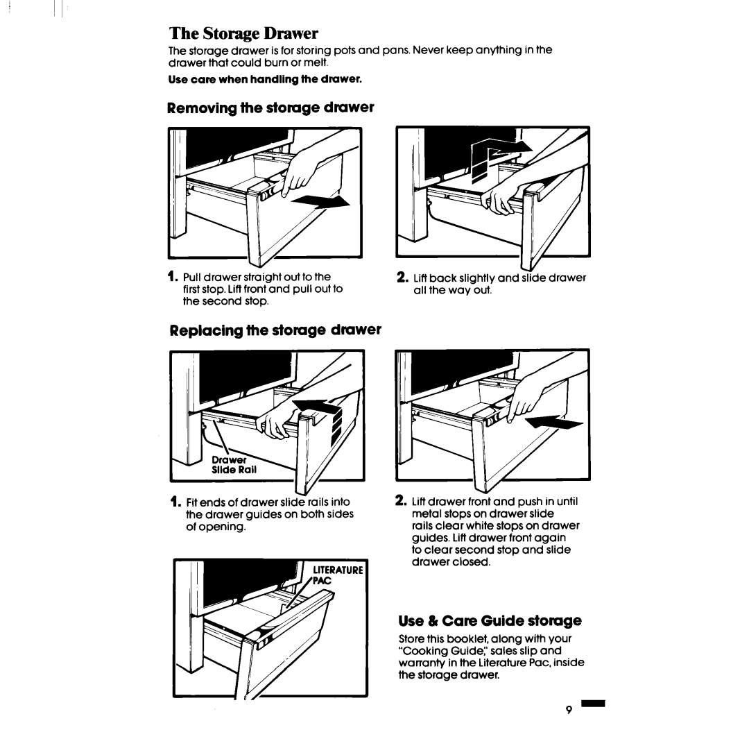 Whirlpool RF3365XP manual Storage Drawer, Removing the storage drawer, Replacing the storage dmwer, Use 81Care Guide stomge 