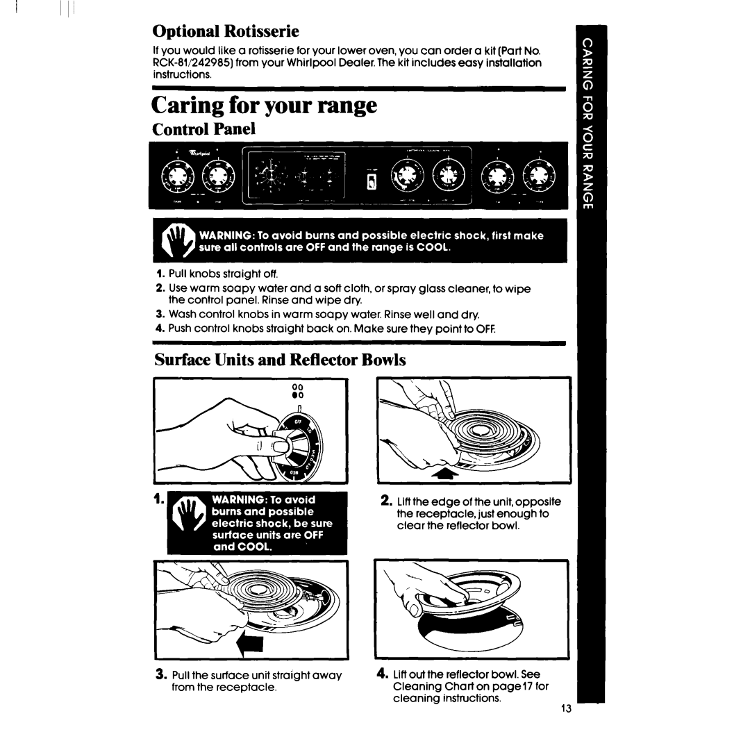 Whirlpool RF336PXP, RF3365XP Caring for your range, Optional Rotisserie, Control Panel, Surface Units and Reflector Bowls 