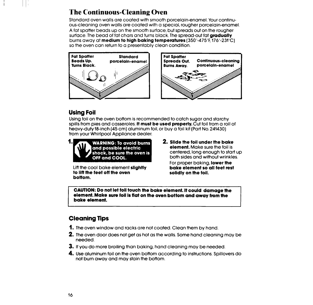 Whirlpool RF3365XP, RF336PXP manual Continuous-Cleaning Oven, Using Foil, Cleaning Tips 