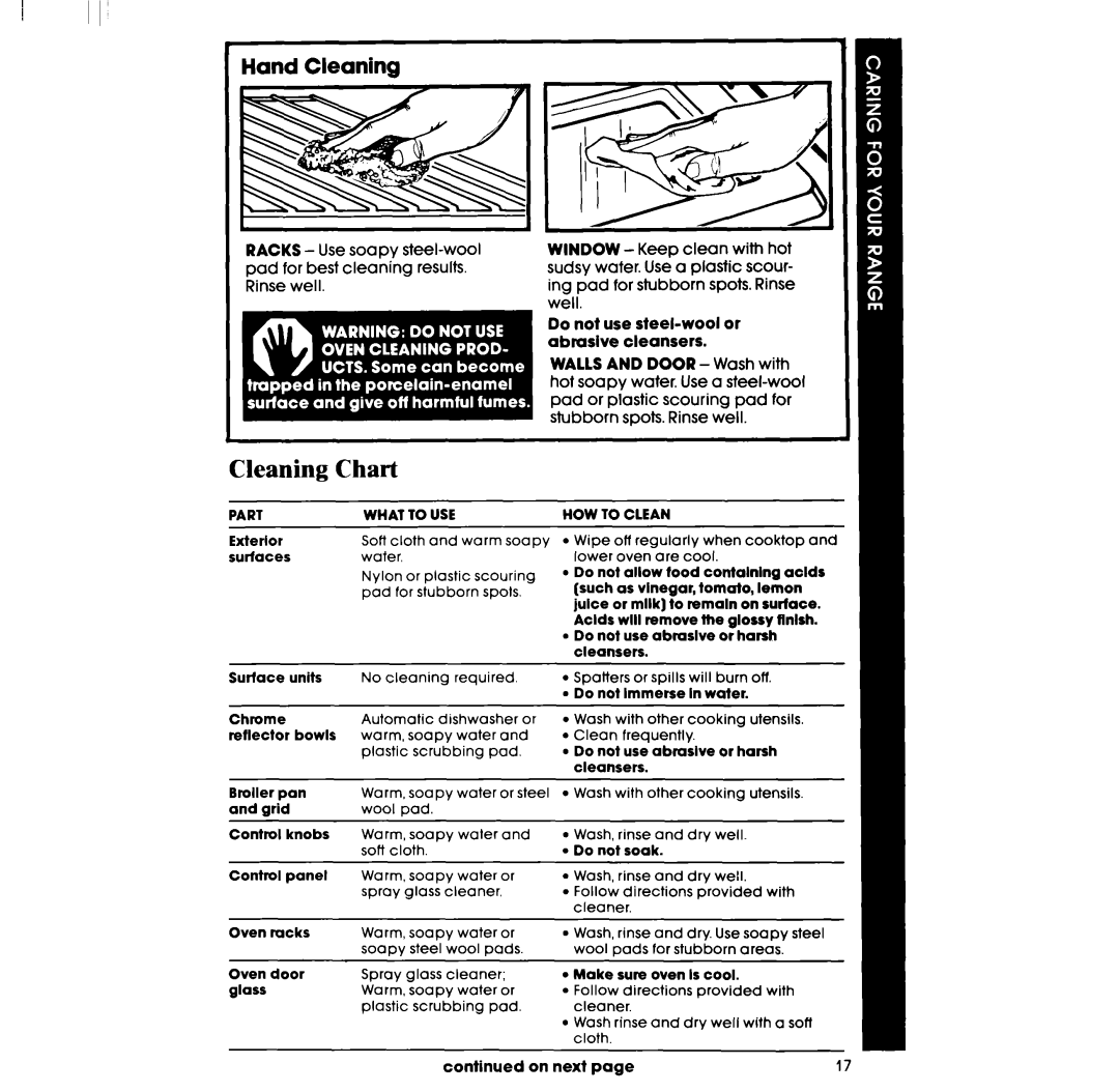 Whirlpool RF336PXP, RF3365XP manual Cleaning Chart, Hand Cleaning, Do not use steel-wool or abrasive cleansers 