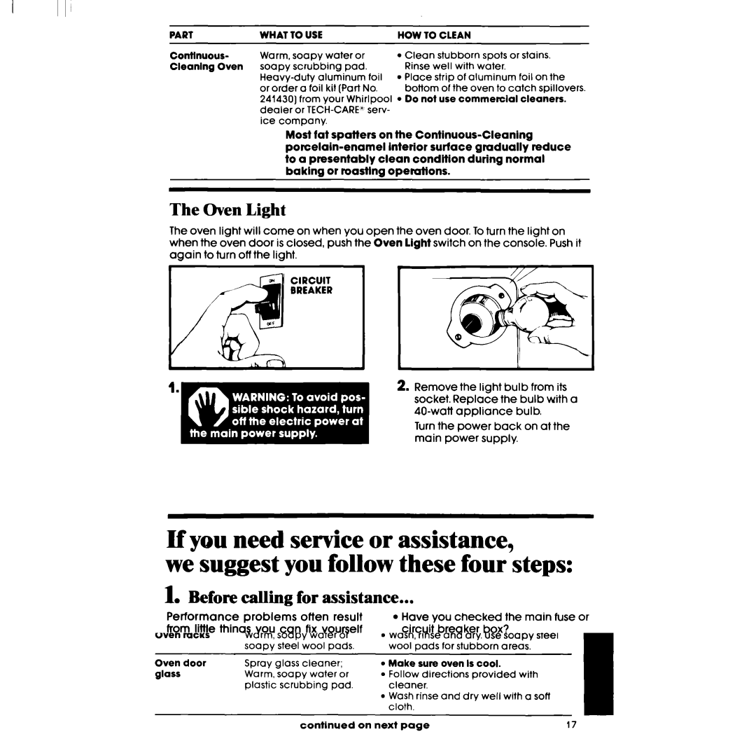 Whirlpool RF3365XP, RF336PXP Oven Light, Before calling for assistance, If nothlng operates, If the oven will not operate 