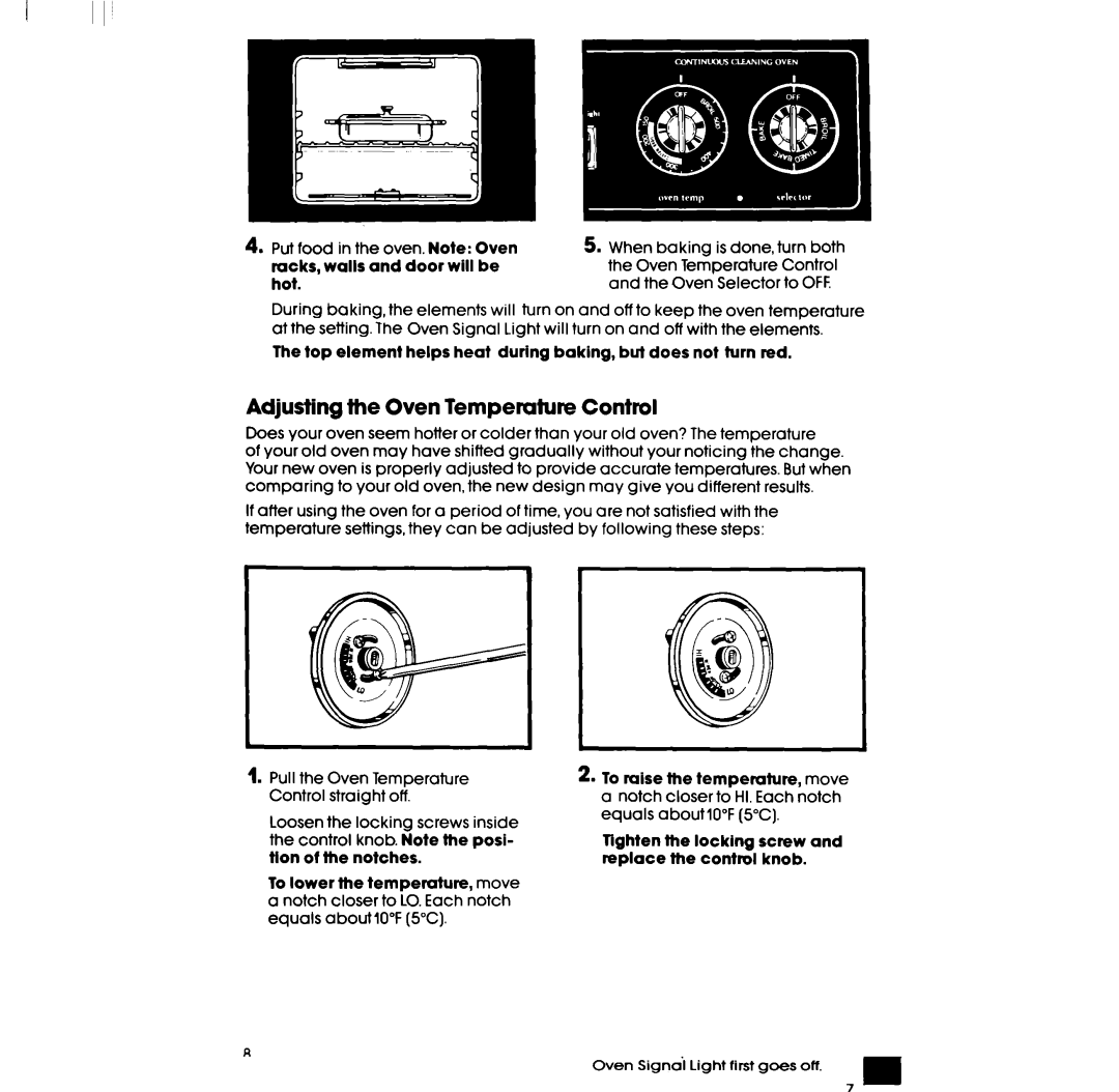 Whirlpool RF3365XP Adjusting the Oven Temperature Control, Fop element helps heat during baking, bul does not turn red 