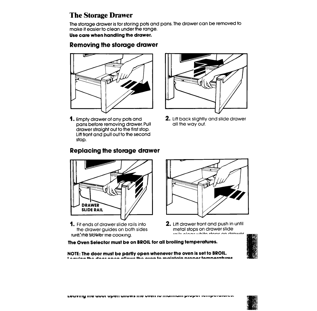 Whirlpool RF3365XW manual Storage Drawer, Removing the storage dmwer, Replacing the storage drawer 