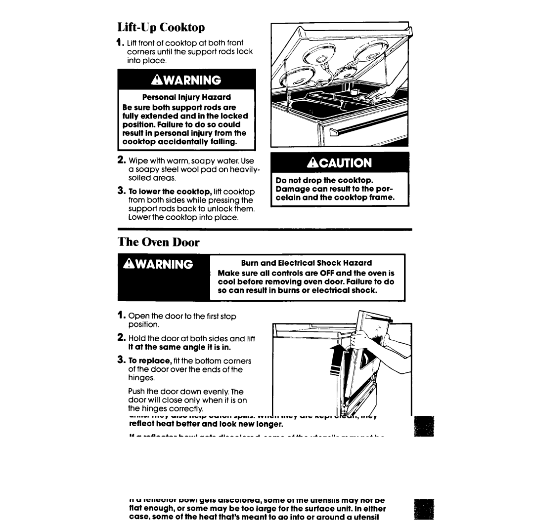 Whirlpool RF3365XW manual Lift-Up Cooktop, Oven Door, Hold the door at both sides and lift 