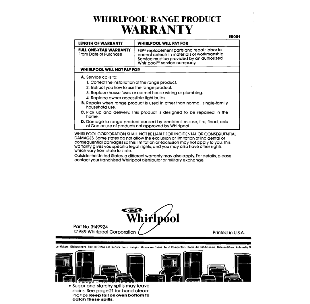 Whirlpool RF3365XW manual Warranty 