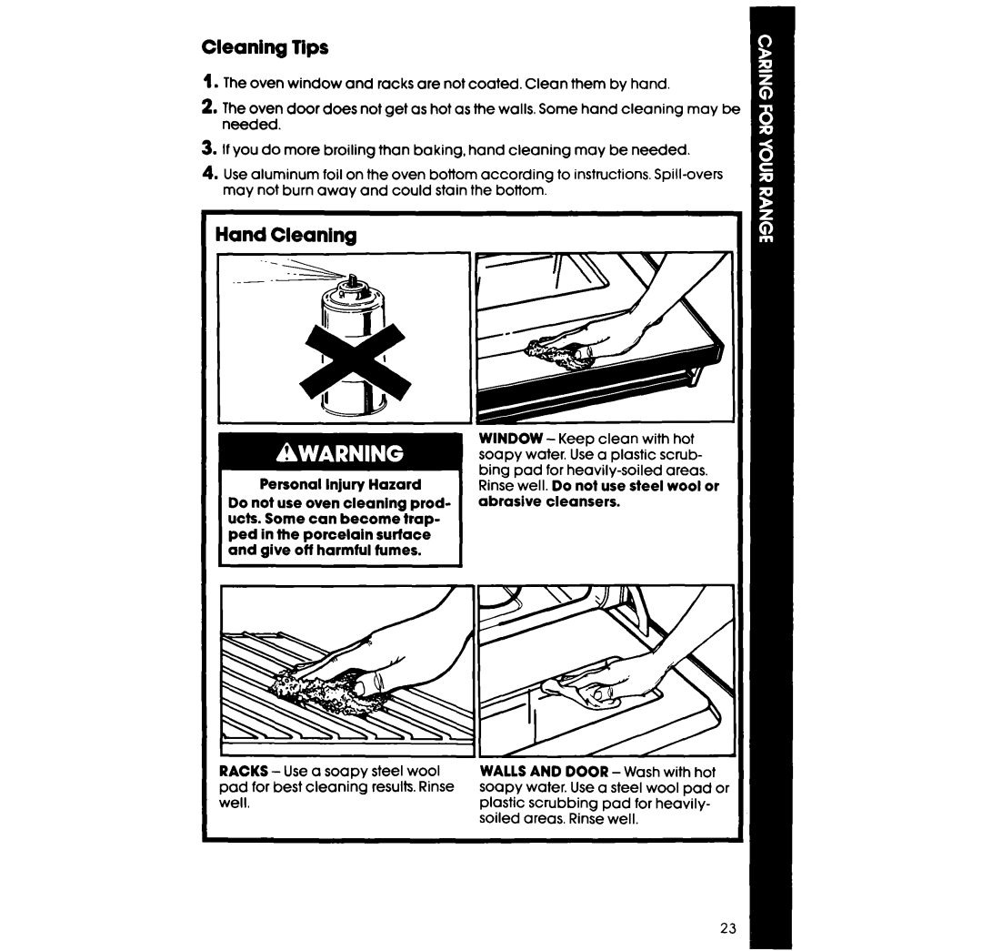 Whirlpool RF33OOXV manual Cleaning Tips, Hand Cleaning 