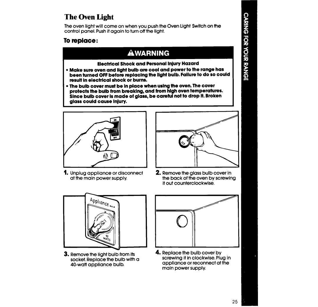 Whirlpool RF33OOXV manual Oven Light, To replace 