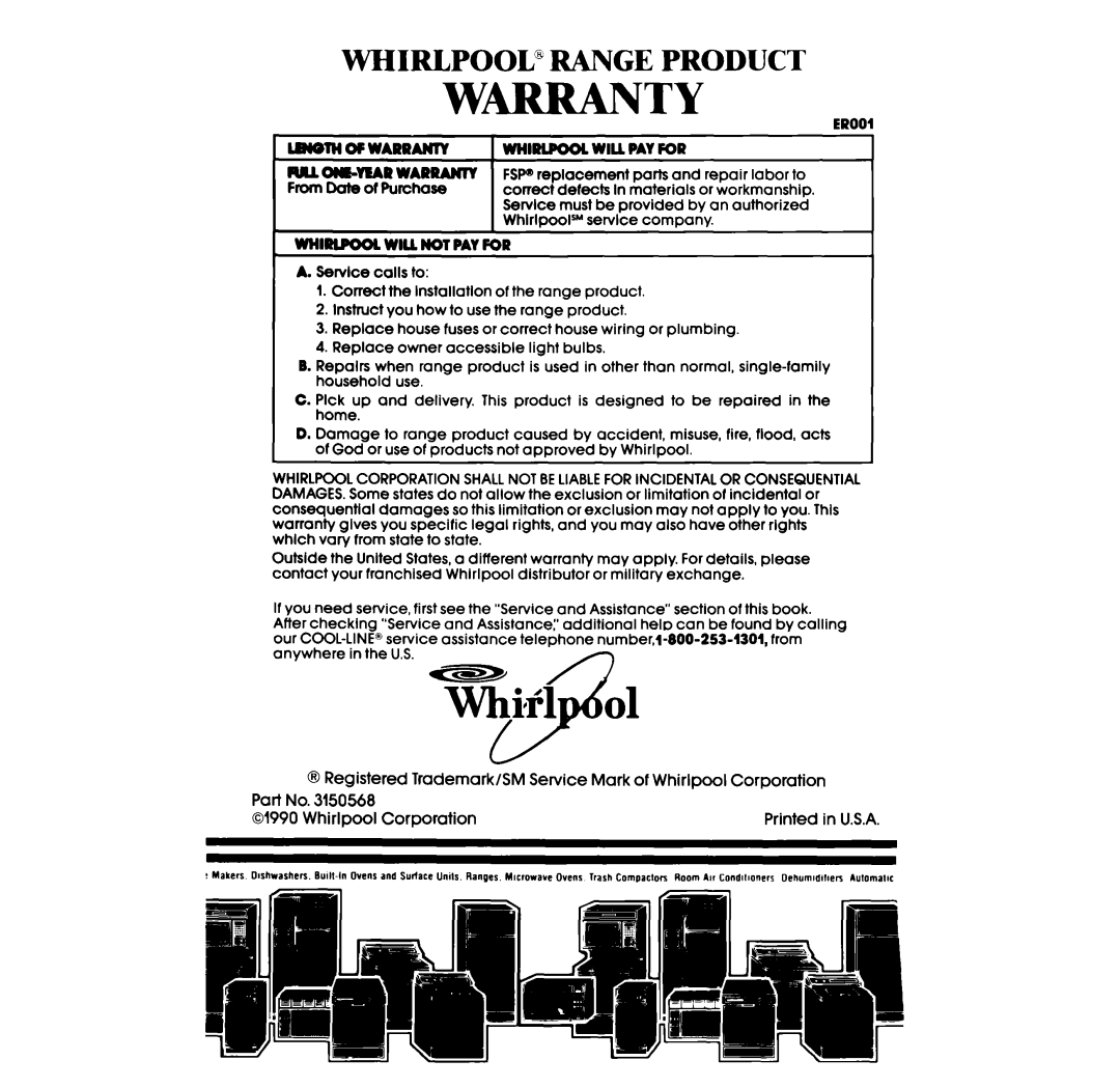 Whirlpool RF33OOXV manual WHIRLPOOL’ Range Product 