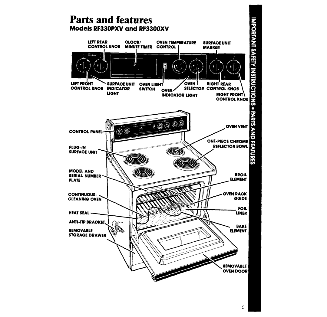Whirlpool RF33OOXV manual Parts and features, Models RF330PXV and RF3300XV 