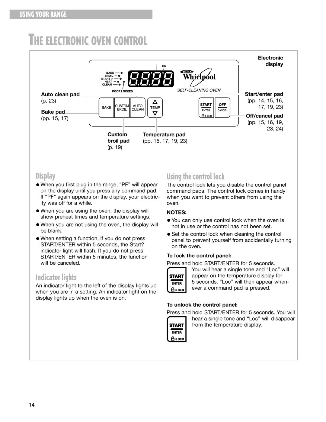 Whirlpool RF344BXH warranty Electronic Oven Control, Display, Indicator lights 