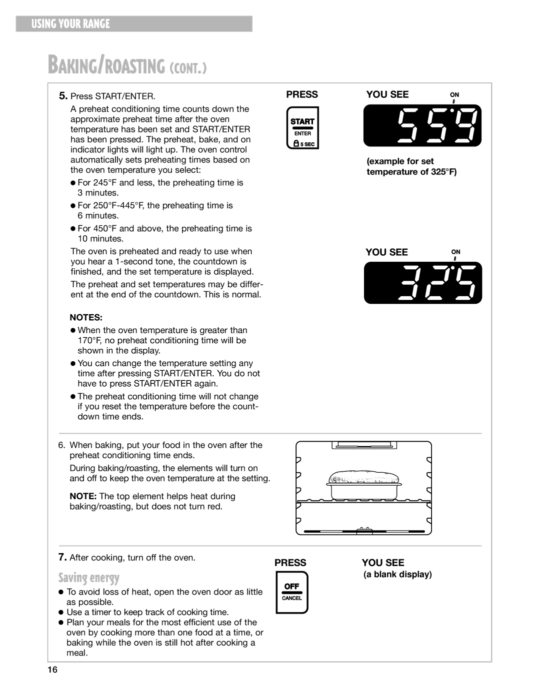 Whirlpool RF344BXH warranty Saving energy, Example for set temperature of 325F 