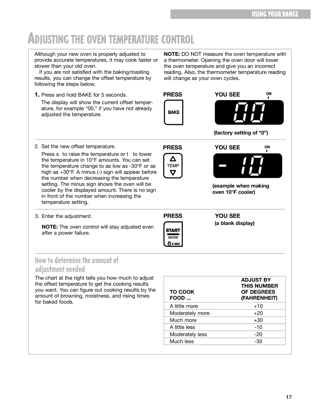 Whirlpool RF344BXH warranty Adjust by, This Number, To Cook Degrees, Fahrenheit 