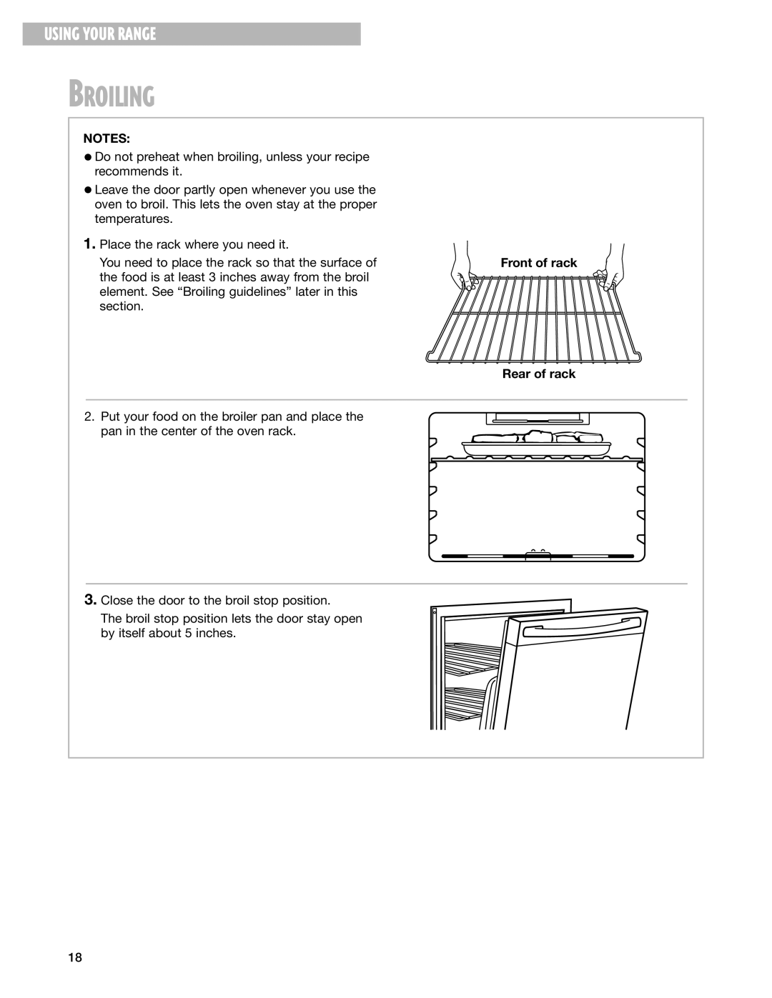 Whirlpool RF344BXH warranty Broiling, Front of rack 