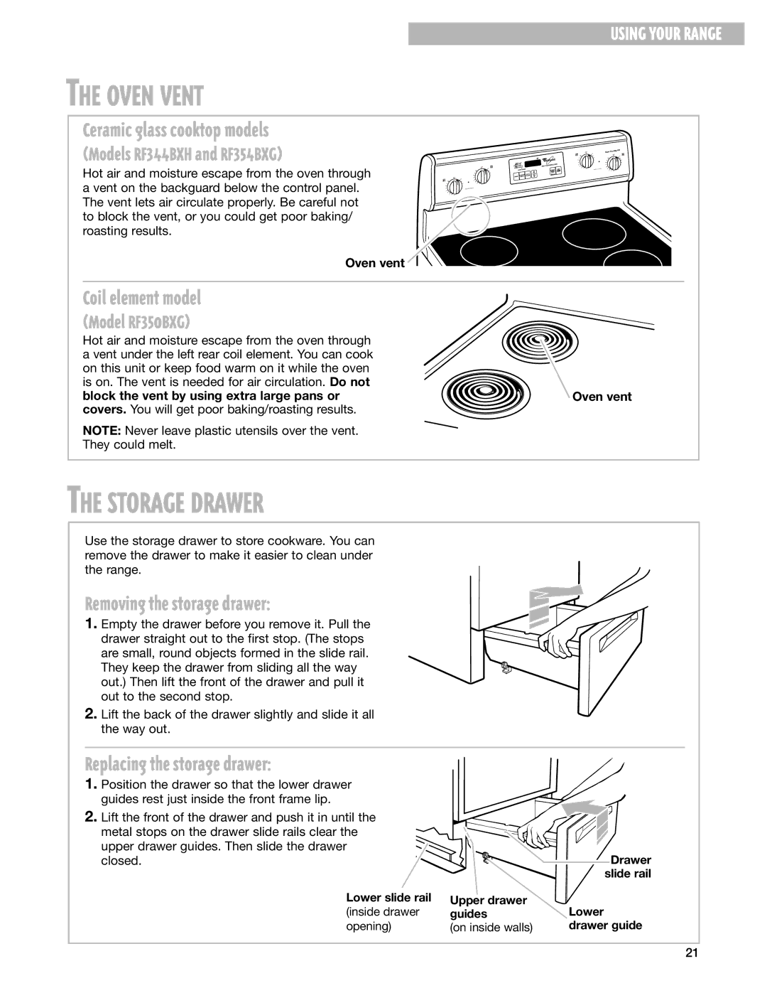 Whirlpool RF344BXH warranty Oven Vent, Storage Drawer 