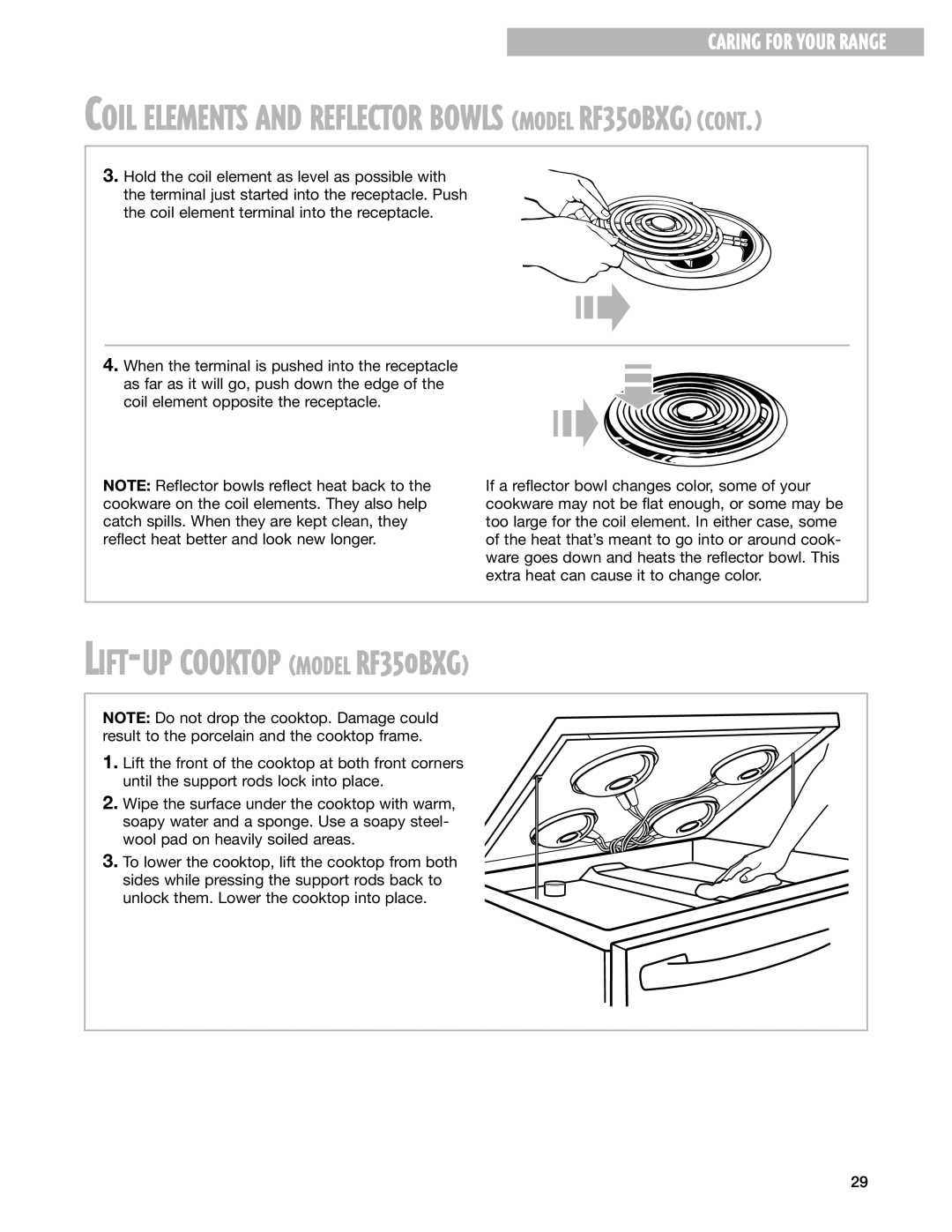 Whirlpool RF344BXH warranty LIFT-UP Cooktop Model RF350BXG, Coil Elements and Reflector Bowls Model RF350BXG 