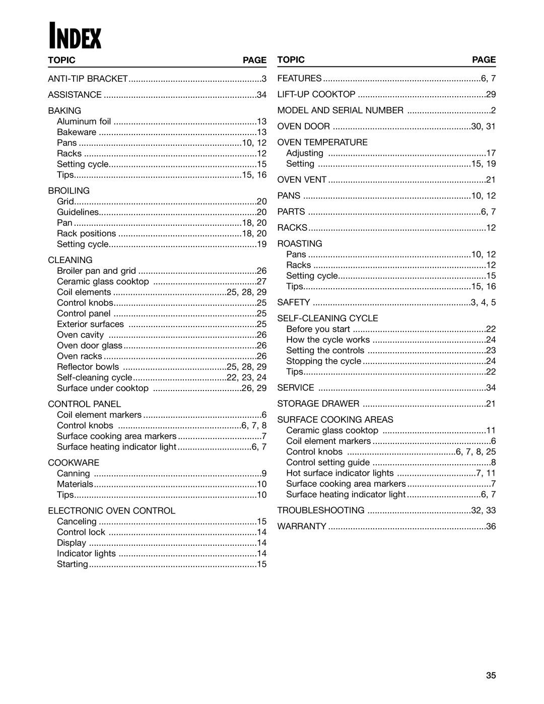 Whirlpool RF344BXH warranty Index, Topic 